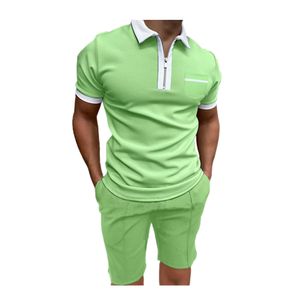 Summer Solid Color Tracks för män Kort ärm Slim Fit Zipper Lapel Polos T-shirts och Sports Shorts 2 Piece Set TZ-41
