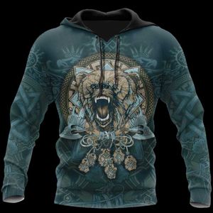 Herrtröjor tröjor bär stamtatuering 3D -tryck unisex vår bekväm sportkonst hoodie casual zip hooded pullove överdimensionerad hara