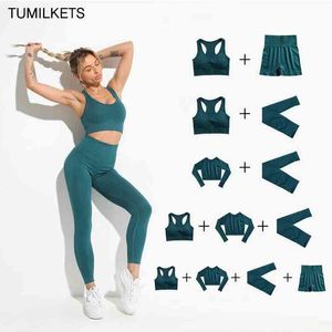 Sömlös kvinnor Gymträning Yoga Set Tracksuit For Womensclothing Sport Underwear Crop LongeeLeses Top High midje Leggings J220706