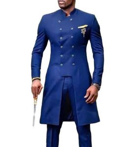 Arabic Dubai High Collar Mens Suits Wedding Tuxedos Long Jacket Slim Fit Groom Wear Royal Blue White Prom Party Blazer Double Breasted 2 Pieces Dinner Suit