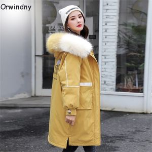 Orwindny Kış Ceket Kadınlar Uzun Kalın Sıcak Parkas Kadın Ceketleri Kar Aşım Büyük Kürk Ceket Kadın Sarı Ceketler ve Katlar 201214
