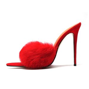 Pantofole in pelliccia rosa nera rossa Sandali estivi con tacco alto e punta aperta Scivoli sexy da donna alla moda