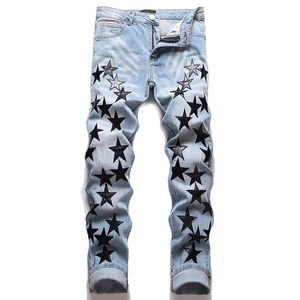 İnce uygun streç erkekler kot punk retro mavi işlemeli pentagram pantolon bahar sonbahar moda gündelik hip hop denim pantolon