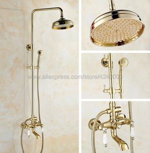 Badezimmer-Duschsets Gold polierte Wasserhähne Set Messing Regenmischbatterie Schwenkbarer Wannenauslauf Wasserhahn KGF361Bathroom