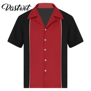 Mens Bowling Camisas Retro Manga Curta Botão Para Baixo Casual 50s Tee Bloco de Cor Listrado Camisa de Colarinho Entalhado 220719