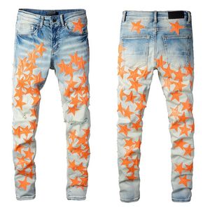 Мужские джинсы мужские оранжевые звезды лоскутное голубое отверстие уличная одежда Homme рваные мужские мотоциклетные стрейч тонкие джинсовые брюки