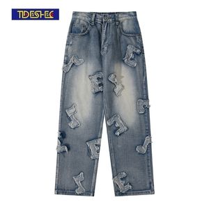 Moda Geniş Bacak Pantolon 3D Işlemeli Denim Kot Erkekler Hip Hop Streetwear Sonbahar Kış Giyim 220328