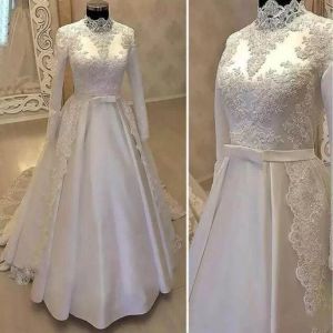 Dubai árabe modesto plus size vestidos de noiva muçulmanos jóia pescoço de cetim de mangas compridas Apliosas de renda de cetas