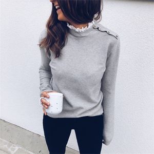 Ruffles seksowne koronkowe patchwork kobiety sweter moda O-Neck Long Rleeve Autumn Pullover Casual Winter Sweter Grey Białe top femme 201222