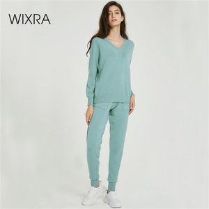 Wixra Sweater Suiter And Sets Casual V Neck Sweaters Tops Bolsetes Long Pants Solid Duas peças Conjuntos de outono LJ201117