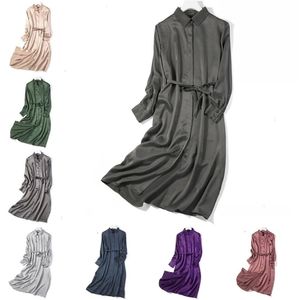 Women s 100 Pure Silk Long Sleeve Collared Long Shirt Dress solid color one size JN023 LJ200818