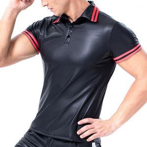 Męskie koszulki Męskie męskie Faux Leather T-shirt Skręcić w dół Kołnierz Slim Fit Koszula Topy Z krótkim rękawem Występ na scenie Kostium rave Wetlook Clubw