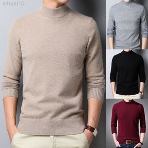 Masculino suéter de outono color sólida colar meio-alto maconha esbelta camisa de base de suéter extra grosso para desgaste diário L220801