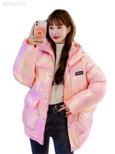 Cappotto in cotone lavato libero Donna Rosa Pane con cappuccio sciolto Abbigliamento 2022 Inverno Nuovo Parka lucido ammaccature Lettera Calore spesso Giacche L220730