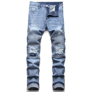 2022 New Blue Ripped Motorcycle Jeans Casual Slim Men's Stretch Pleated Skinny Denim Pants High Street Pantalons pour hommes