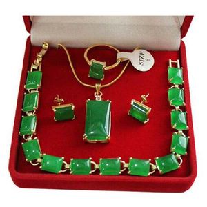 Green Jade 18K Gold Plated Jewelry Set Earrings Bracelet Necklace Ring for Women