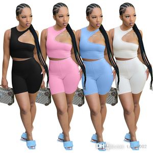 2022 Designer Tracksuits Womens Two Piece Short Set Sexy Hollow Out Crop Top Biker Shorts Legging Outfits Sweatsuits