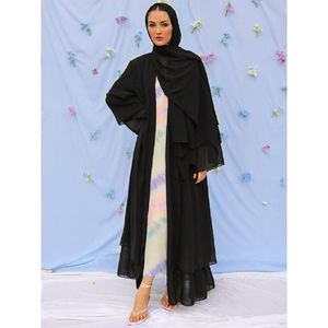 민족 의류 이슬람 솔리드 컬러 더블 레이어 쉬폰 Tulle 여성 가운 두바이 아랍 이슬람 Abaya Caftan Marocain