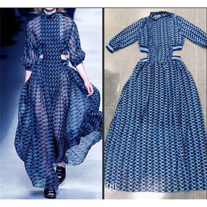 Test Blue Stripes Women Runway Dresses Long Hermes Turtleneck Sexig Hollow Out Midjan A Line Floor Length Charming Party Dress 220426