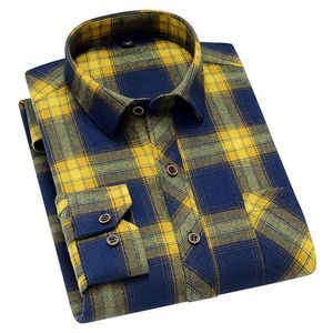 Men's Casual Shirts Aoliwen Men Spring Autumn 45% Cotton Navy Yellow Plaid Long Sleeve Shirt Trend Soft Comfortable And Breathable Slim Shir