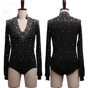 Stage Wear Sparkly Rhinestones Latin Dance Tops For Men White Black Color V-neck Shirts Bodysuit Male Competition CostumeStage