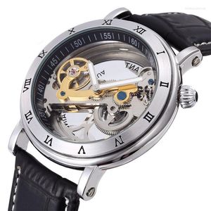 Män mekaniska klockor mode singel bridge transparent klock läderband Tourbillon automatiska armbandsur Shenhua