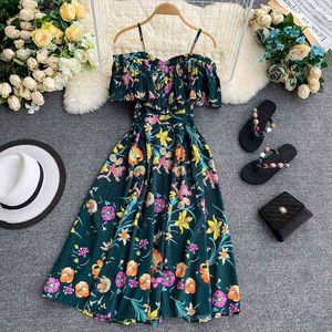 Boho Ruffles Impressão Floral Vintage Verão Off Ombro Midi Vestido Longo Festa Casual Espaguete Strap Beach Holiday Vestidos Y220413