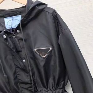 Real photos-Womens Designer Jacket Hooded Outerwear Fashion Solid Color Metal Triangle Windbreaker Jackets Casual Ladies Jacket Coat Clothing Size S M L