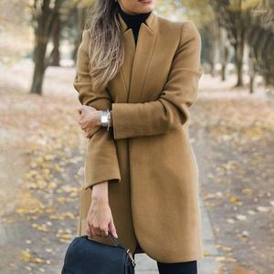 Ladies Fall/Winter Stand Collar Long Sleeve Jacket Pocket Thin Wool Coat Casual Slim Women's Jackets