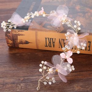 Bridal Hair Accessories Wedding Women Pearl Hairband Fairy Pink Wreath Girl Head Flower Crown Golden Wire for Female Decoration 220726