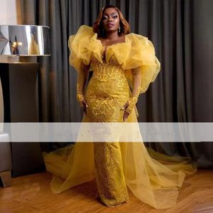 Yellow Evening Dresses Long Sleeve Appliques Lace Mermaid Prom Gowns For African Women Aso Ebi Party Dress Abiti Da Cerimonia 322