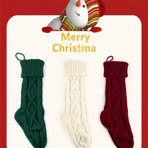 Calzini natalizi lavorati a maglia da 46 cm Ornamento per albero di Natale Borsa per caramelle regalo per bambini in tinta unita