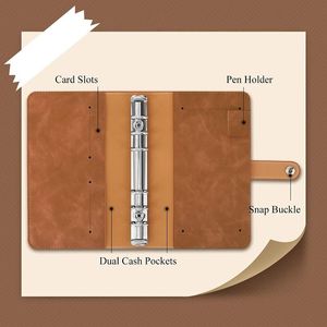 Present Wrap 6-ring anteckningsbok binder pu läder Löst bladskydd med klar plast A6-kuvert påsar Browngift