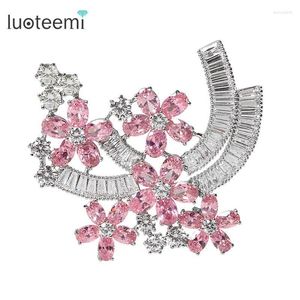 Pins Brooches LUOTEEMI Fashion Tiny Cubic Zirconia Crystal Flower Brooch For Women Wedding White Gold-Color Bride Jewelry Seau22