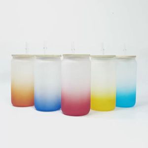 16-Unzen-Sublimations-Milchglas-Bierkrüge mit Farbverlauf, mit Bambusdeckel und wiederverwendbarem Strohhalm, Wärmeübertragungsglas, Getränkedose, Kaffee, Milch, Saftbecher