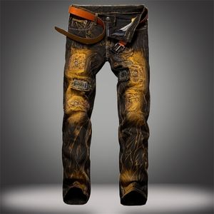 Jeans casuais clássicos Men Retro Hole Ripped Jeans Straight Fit Fit Cargo Denim Troushers Fashion Biker Jeans Male 2 Color 201111