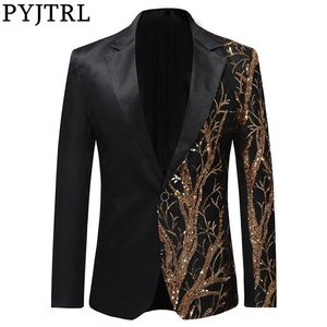 PYJTRL Mens Gold Sequins Slim Fit Black Balzer Hip Hop Stage Singers Prom Dress Suit Jacket Party Jacket Men 220527