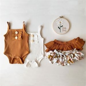 Babyflickor kläder en uppsättning sommar bomullskläder kjol kostym toppar   bottnar spets ärmlös blommig barnkläder 220425