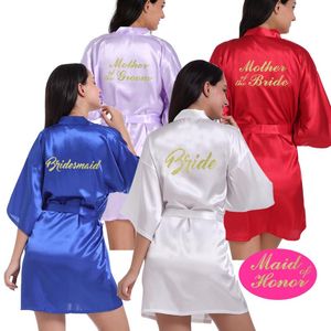 Letra da noiva feminina Carta de honra Golden Glitter Print Kimono Robes Faux Silk Women Bachelorette Wedding Preparewear Bridal Party Party