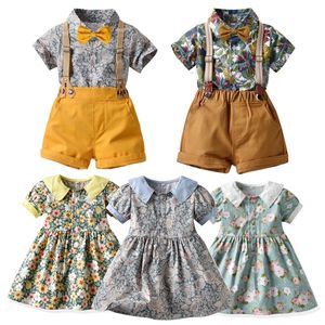 Cotton Baby Boy Bow Tie Shirt Short Sleeves Suit Girl Skirt Kids Hawaiian Clothes Sets Overall Outfits 0-6 Year Old 220507