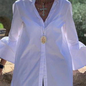 Camisas brancas verão mulheres sólido alargamento manga camisas primavera blusa vonda sexy v pescoço botão até escritório camisa feminina blusas 220725
