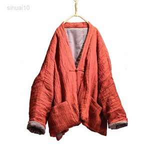 Çin tarzı kimono parka kadınlar kış kapitone pamuk keten ceket vintage düğme cepleri yakalı kalın bol miktarda sıcak parka l220725