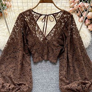 Autumn Black/White/Brown Sexy Lace Blouse Women Elegant V-Neck Puff Long Sleeve Open Back Short Tops Female Party Blusas 220407