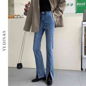 Yedina Denim Spodnie wysokie talia proste dżinsy dla niebieskiego podzielonego vintage Długie spodnie Korean 210527