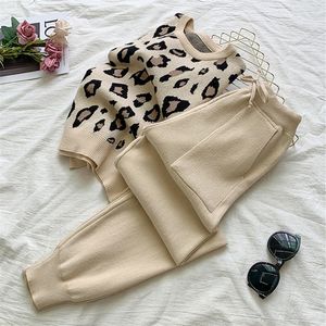 HMA 여성의 긴 소매 니트 표범 풀버 스웨터+탄성 허리 바지 세트 패션 바지 2 조각 의상 복장 W220331