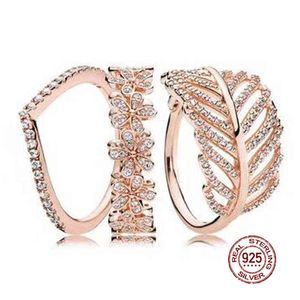 2018 novo 100% 925 anel de prata esterlina rosa folha pétalas empilhadas anel de casamento para moda feminina diy presente jóias aa220315
