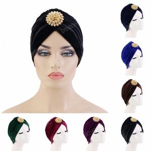 Moda Muslim Turban Hat Women Rhinestone Decorativo Hijab Beanie Velvet Cap Pleated Cap