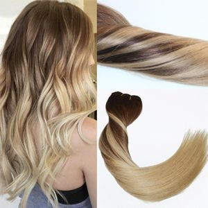 120Gram Virgin Remy Balayage Hair Clip in Extensions Ombre Medium Brown to Ash Blonde Highlights Real Human Hair Extensions308g