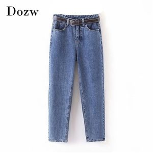 Fashion Women Mom Jeans with Belt Cowboy Long Trousers Boyfriend Stretch Casual Female Washed Denim Harem Pants 210515