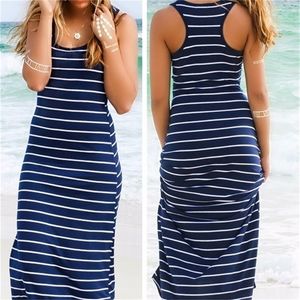 Sexig Dam Dam Hobo Stripe Sommar Strandklänning Lång Maxi Väst Solklänning 3 färger 220611